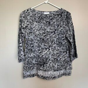 Pure Jill Cotton Slub Top Size XS Black Gray Casual 3/4 Sleeve Floral